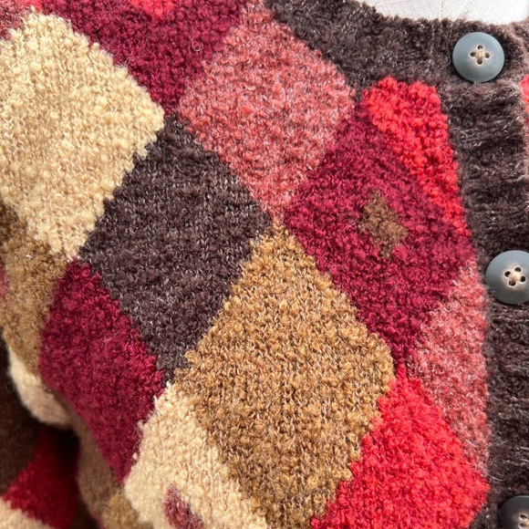 Vintage Talbots Argyle Boucle Knit Red & Tan Button Up Cardigan Sweater - Picture 4 of 11